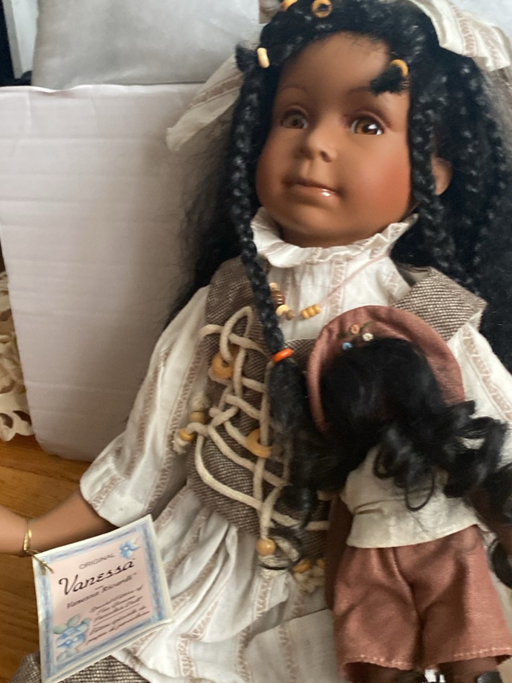 Vanessa Porcelain Doll with Brown Skin and Braided Hair